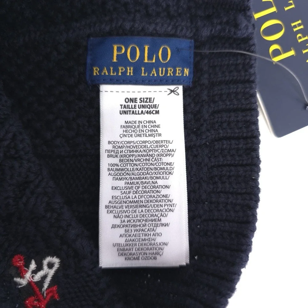 POLO RALPH LAUREN New Beanie One Size 7-16 Navy Blue Aran Cable Knit Embroidered